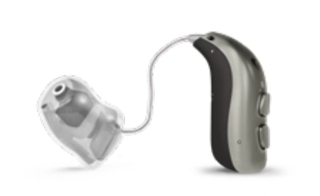 Aide auditive Bernafon Alpha XT miniRITE T R avec dôme ouvert, double bouton-poussoir visible, vue de profil