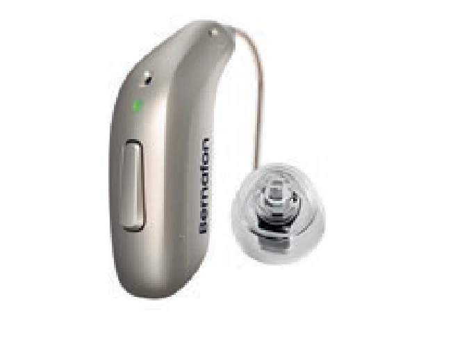 Aide auditive Bernafon Encanta miniRITE R avec écouteur 100, contour beige rechargeable, vue de profil