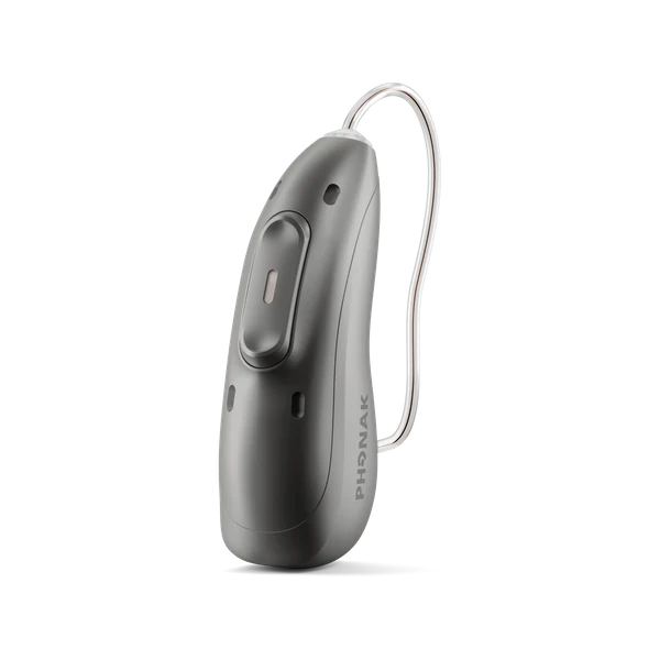 Aide auditive Phonak Audéo EON, contour à écouteur déporté rechargeable, coloris Graphite Gray, vue de trois quarts, bouton multifonction et écouteur déporté avec dôme
