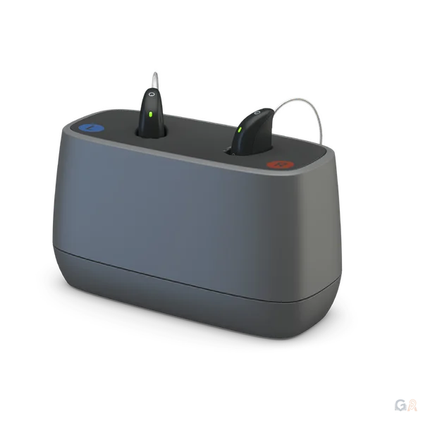Chargeur de bureau ReSound Sensia, deux appareils posés dans leurs logements