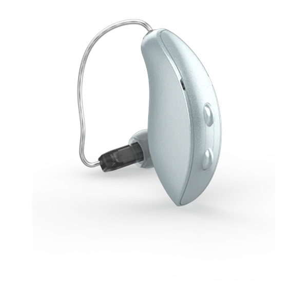 Starkey Omega AI RIC 312, micro contour gris clair à pile, écouteur déporté avec embout
