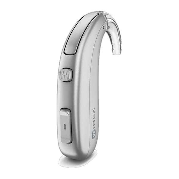 Widex Allure BTE R D, contour d'oreille argenté rechargeable avec bouton Preference Control à LED