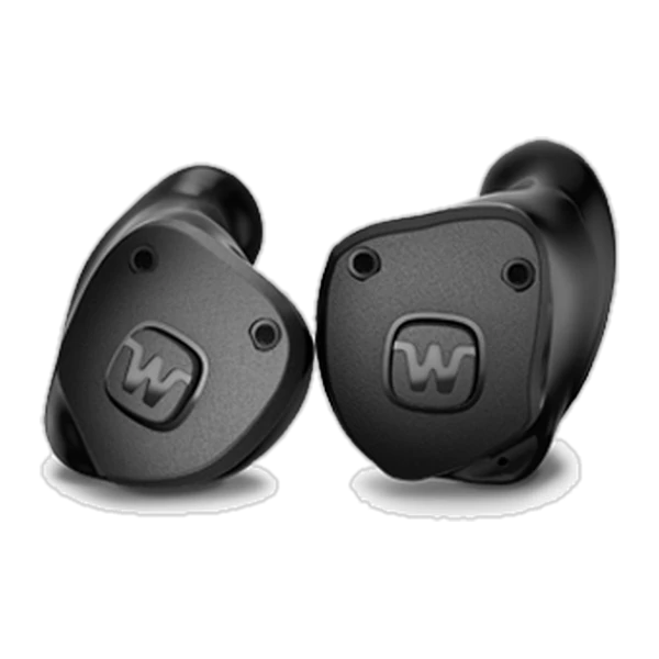 Widex Allure ITE R D, paire d'intras sur mesure noirs avec deux microphones visibles