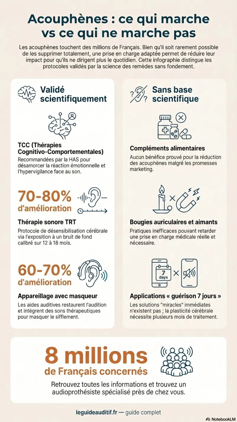 Infographie comparative des traitements des acouphènes. À gauche, les approches validées scientifiquement : thérapie cognitivo-comportementale (TCC) recommandée par la HAS, thérapie sonore TRT avec 70 à 80 pour cent d'amélioration sur 12 à 18 mois, appareillage auditif avec masqueur intégré apportant 60 à 70 pour cent d'amélioration. À droite, les remèdes sans base scientifique : compléments alimentaires, bougies auriculaires, aimants, applications promettant une guérison en 7 jours.