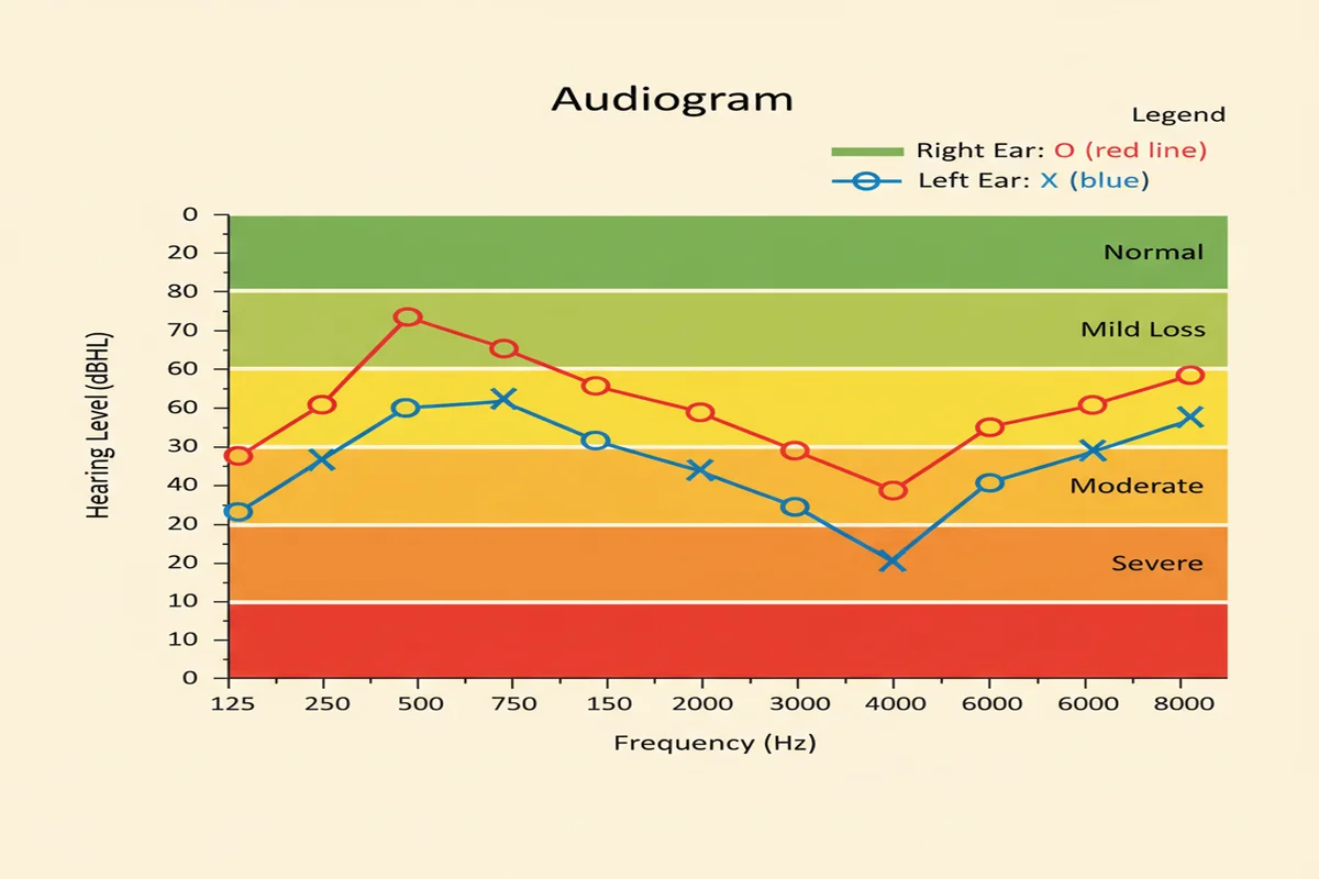 Audiogramme annoté avec axes fréquences (Hz) et intensité (dB), symboles oreille droite et gauche, zones BIAP colorées