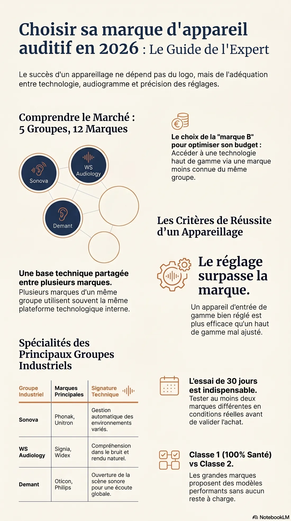 Infographie : choisir sa marque d'appareil auditif en 2026 — 5 groupes industriels, 12 marques et pourquoi le réglage prime sur le choix de la marque