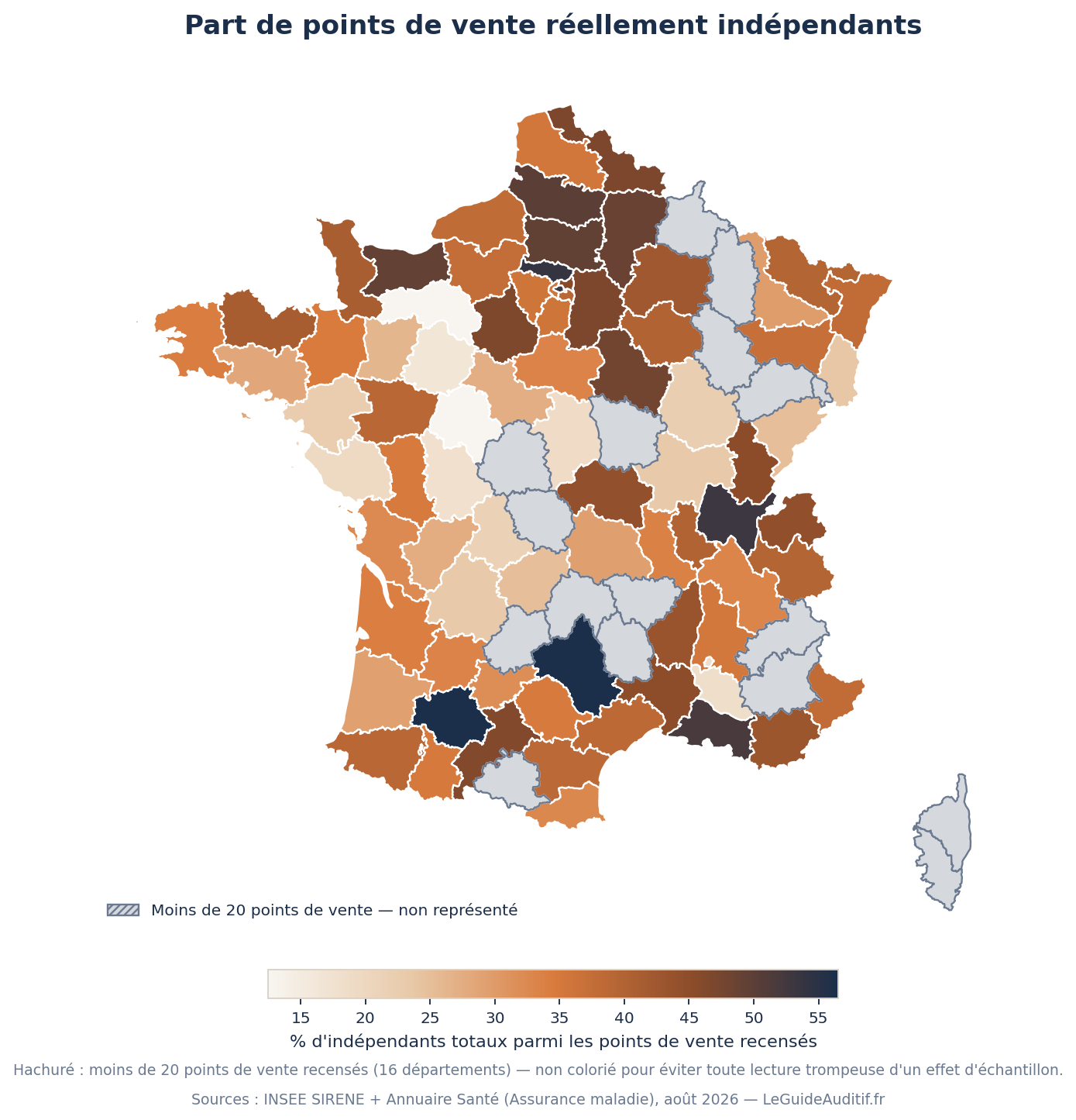 Carte de France par département de la part de points de vente d'audioprothèse réellement indépendants, c'est-à-dire rattachables à aucun groupe, réseau ou contrat par les sources publiques.