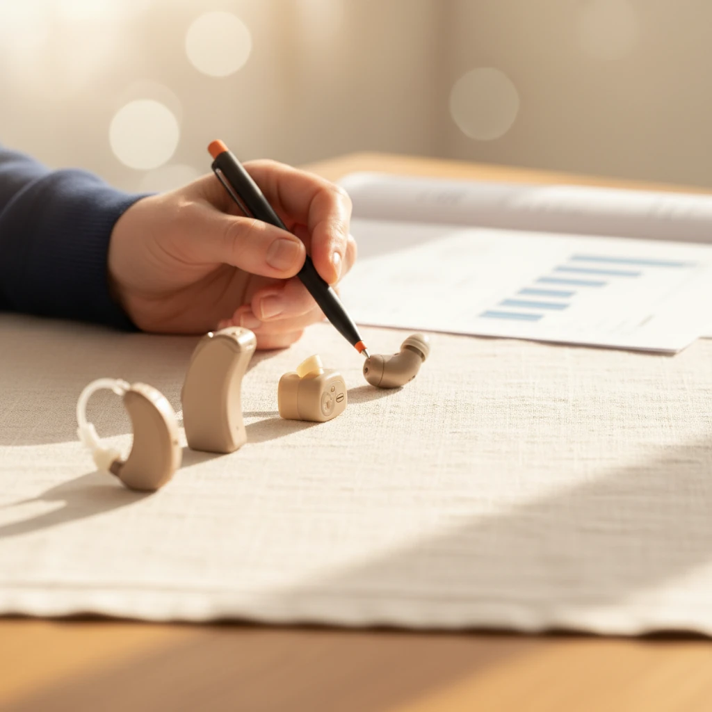 Quatre appareils auditifs modernes alignés sur un plan de travail chaleureux, avec la main d'un audioprothésiste qui en pointe un pour comparer les caractéristiques