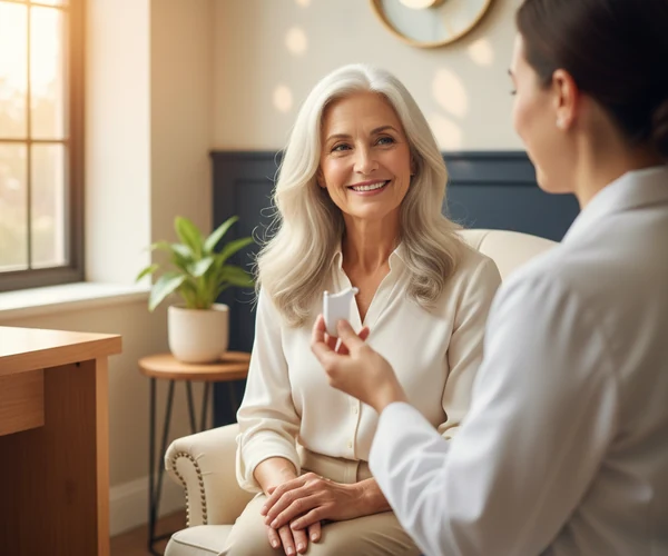 Senior souriant portant un appareil auditif discret